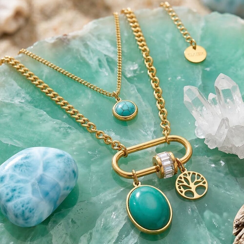 18K Gold Plated Layered Turquoise Crystal Tree Of Life Necklace Boho Chic Gift - Picture 5 of 17
